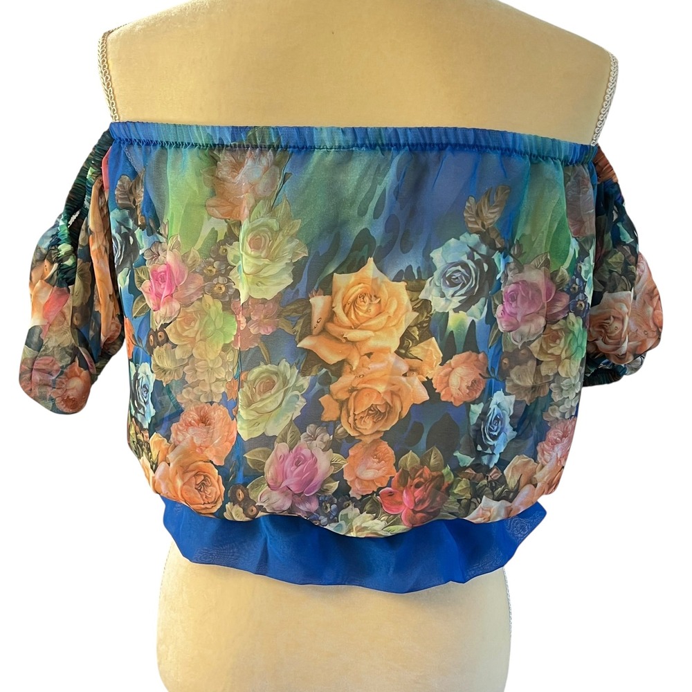Floral Chiffon Off Shoulder Crop Top Tie Front Blouse Summer Boho Women's XS - Picture 9 of 16